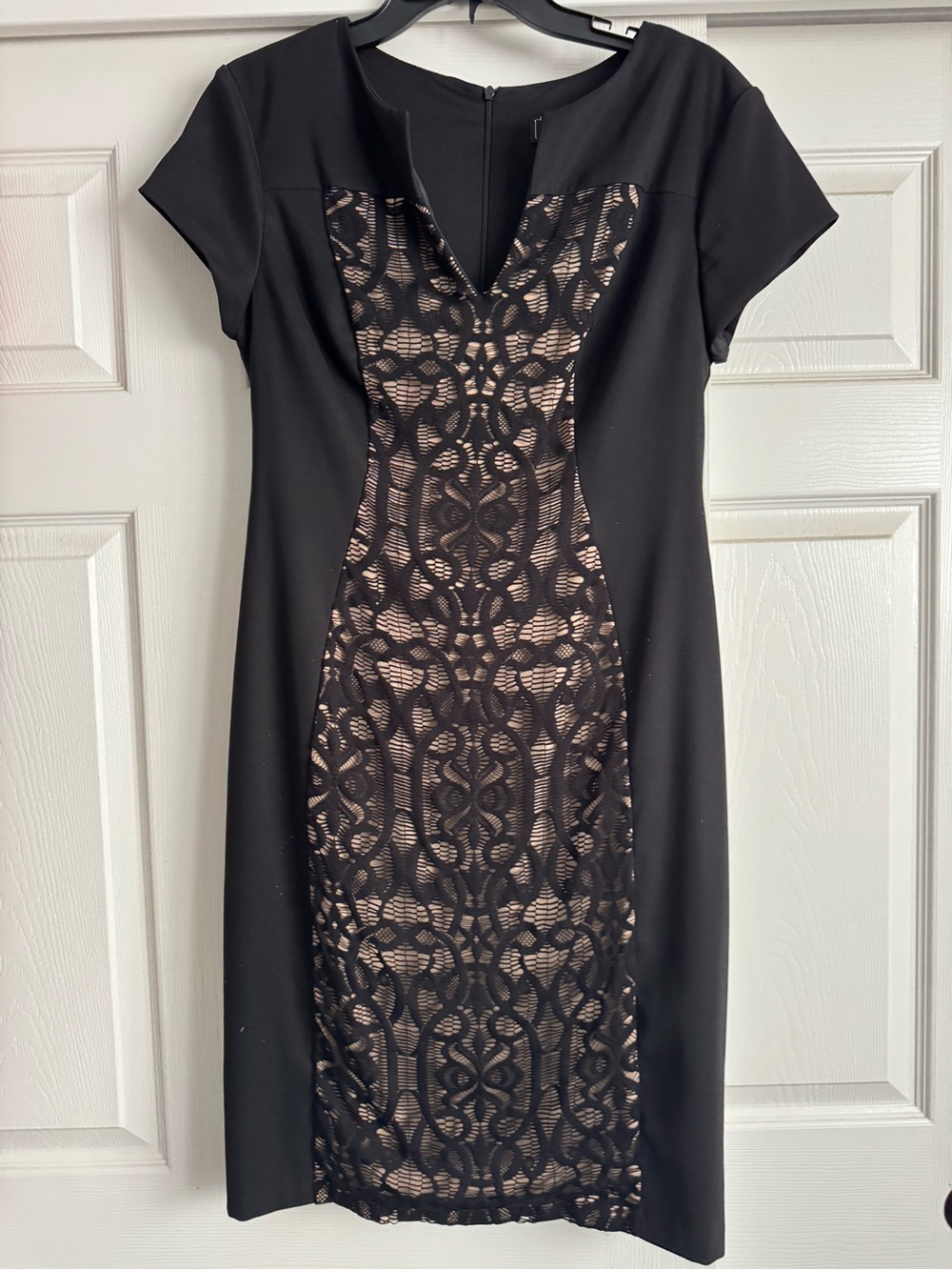 dressbarn Black Midi Dress with Nude Lace-Effect Panel